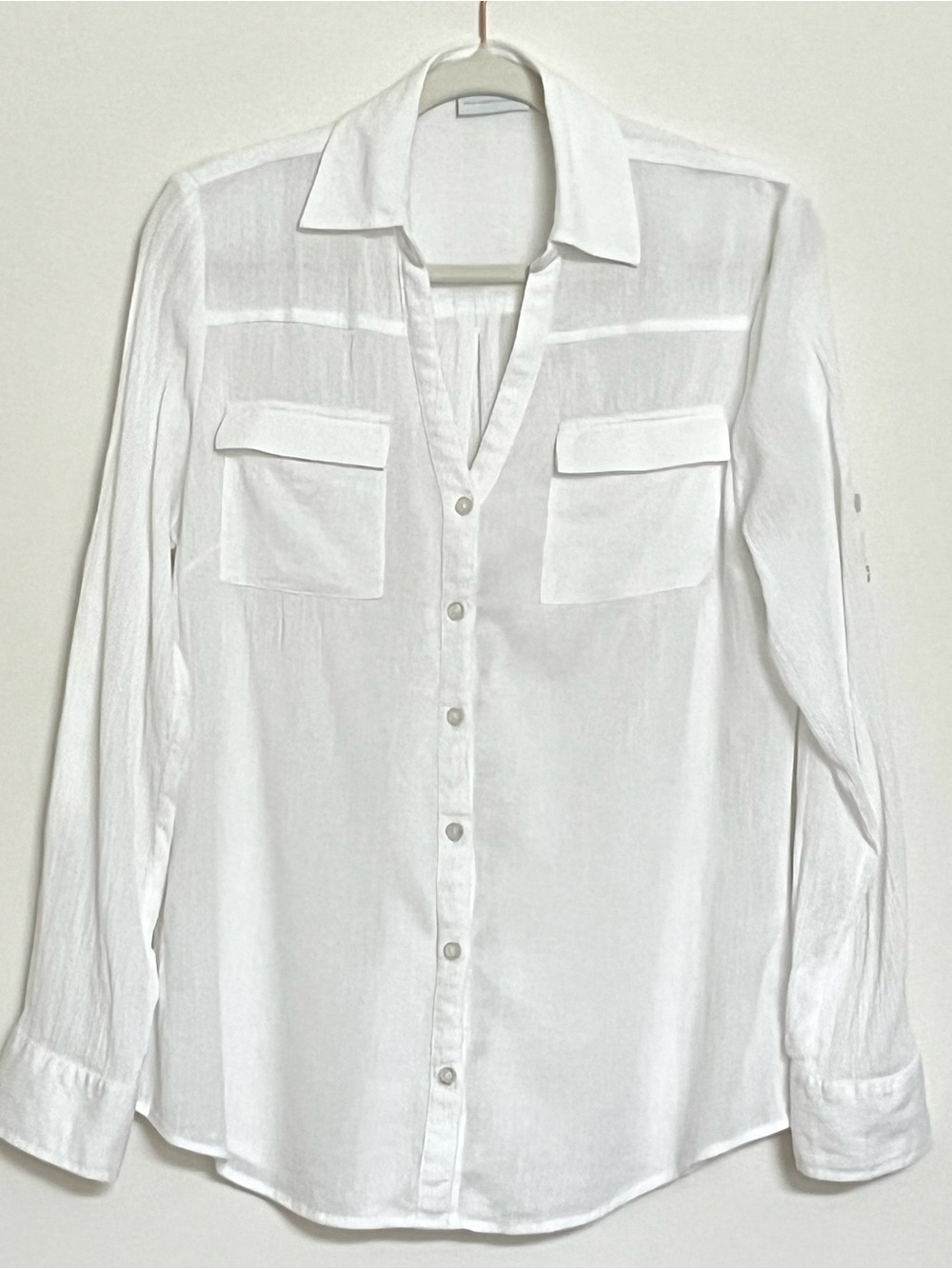 New York & Company Women’s White Gauze Button-Down Roll-Tab Sleeves Top Size M